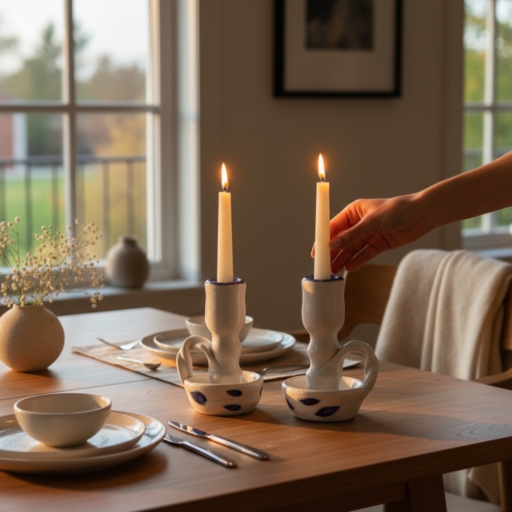 Pair of Williamsburg Pottery Salt Glazed Candlesticks Holder Cobalt Blue Leaves